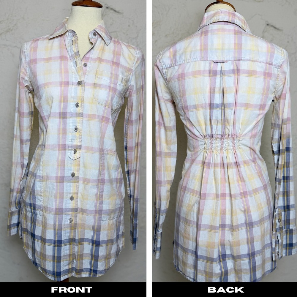 Vtg Free People Bleach Plaid Tunic Shirt Dress Womens Size S Smocked Back Pastel